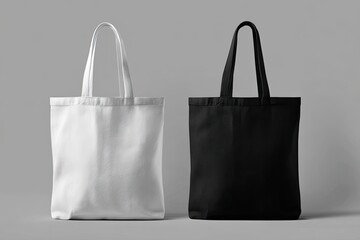 Two blank canvas tote bags, one white, one black, against a gray background
