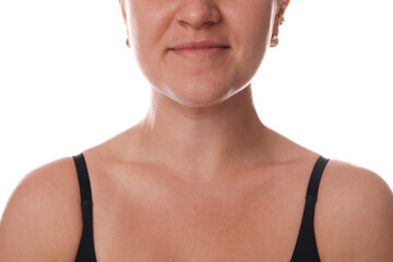 Closeup view of woman on white background