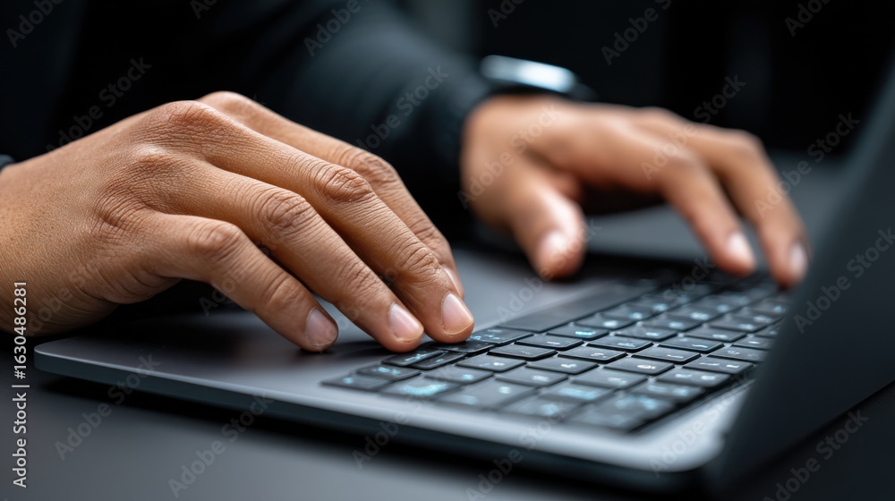 Poster man typing on a laptop keyboard in a professional workspace