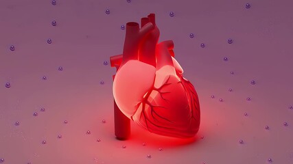 A vibrant 3D rendering of a human heart illuminated against a soft purple background with particles - Powered by Adobe