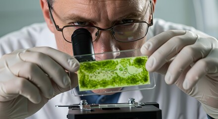 Scientist Examining Green Algae Sample Under Microscope, Research & Lab Work. Close-up of Biologist Studying Microscopic Organisms