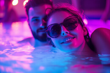 Generative AI image of happy couple enjoying vacation in pool during summer party with friends swimming relaxing and laughing in bright daylight