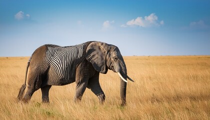 Fototapeta premium elephant with zebra skin walking through a vast savannah under a clear blue sky