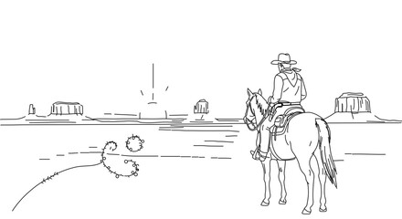 Obraz premium Cowboy riding horse in desert landscape drawing western scene outline illustration vector art design