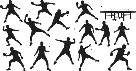 Table tennis player silhouettes in dynamic motion, paddle action, high-energy sports vector for fitness, agility, competition, game-themed illustrations