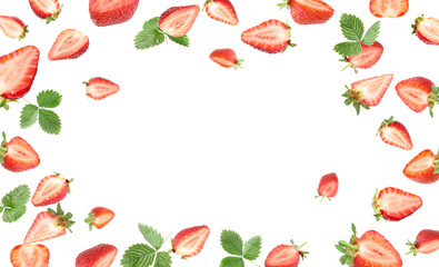 Fresh juicy strawberries and green leaves in air against white background