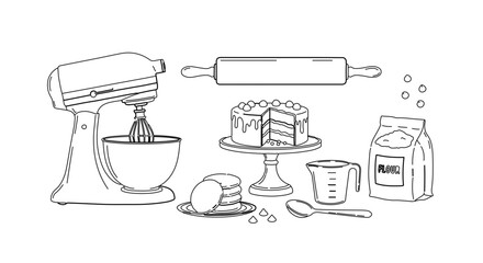 Baking illustration with mixer cake rolling pin flour and eggs for culinary art design and decoration