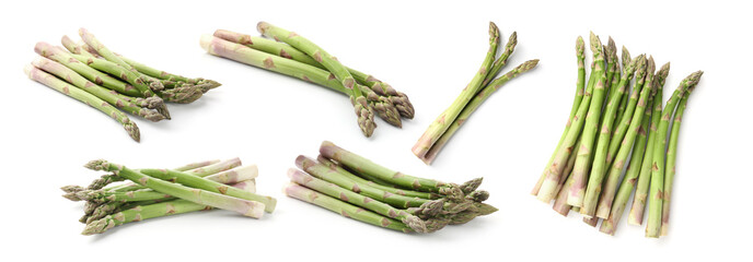 Fresh green asparagus isolated on white, set