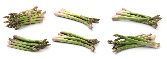 Fresh green asparagus isolated on white, set