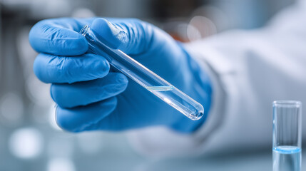 Scientist&rsquo;s hand in blue nitrile glove holding a transparent test tube with liquid &ndash; close-up in laboratory environment, concept of medical research, analysis, or biotechnology
