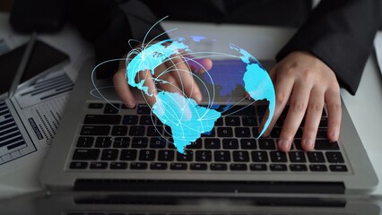 Global network connection visualization showing data exchange, digital link, worldwide...