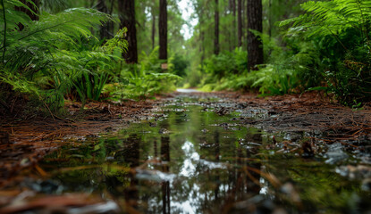 Fototapeta premium Forest path with puddle reflecting trees and ferns