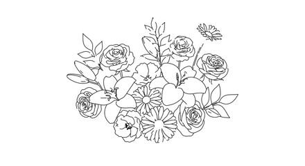 Floral bouquet outline drawing vector illustration with roses lilies and daisies for coloring pages and design