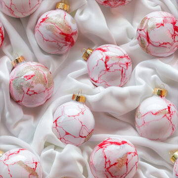 Veined Pastel Red Marble Christmas Ornaments on a White Background with Elegant Mineral Patterns