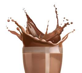 Chocolate milk splashing in glass on white background