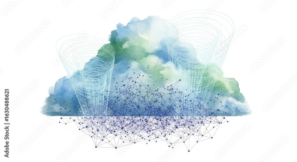 Poster cloud computing network concept - abstract watercolor cloud illustration representing a network, dat