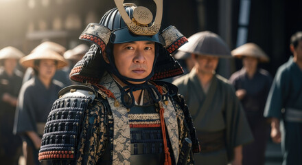 Obraz premium A Samurai stands tall, ready to face the coming conflict. The samurai has on a helmet and armor, with people behind him, the atmosphere conveys honor and readiness