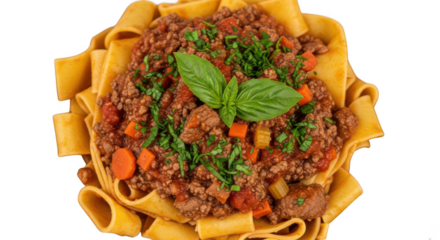 Delicious pappardelle bolognese with fresh basil isolated on transparent background