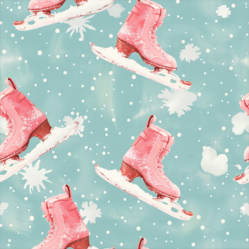 Playful Winter Pattern with Pastel Red Ice Skates and Delicate White Snowflakes for Seasonal Designs