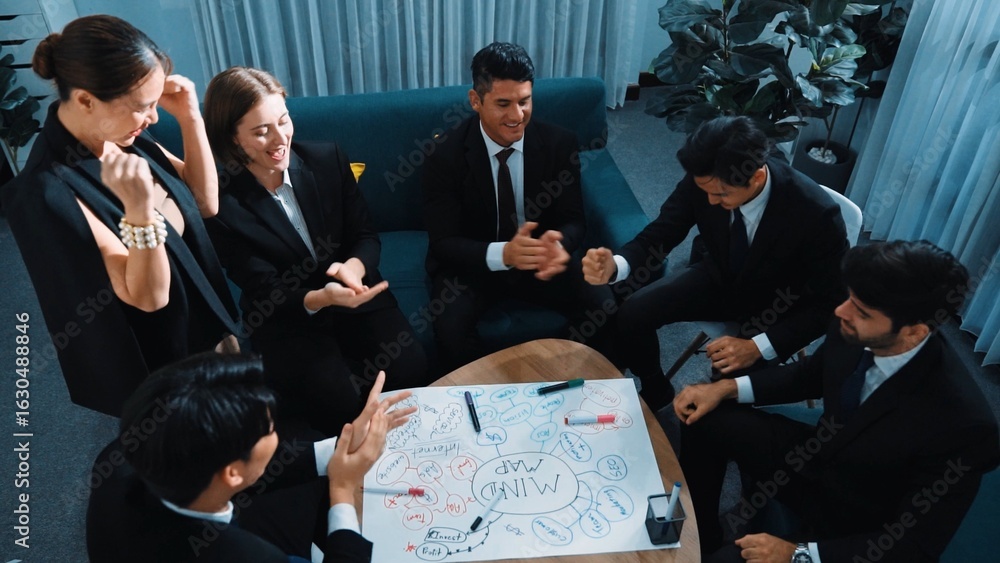 Poster top view of business people putting hands together and clapping hands to celebrate successful projec