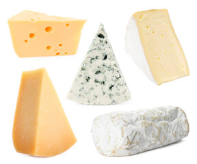 Different kinds of cheese isolated on white, set