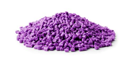 Pile of purple plastic granules isolated on white