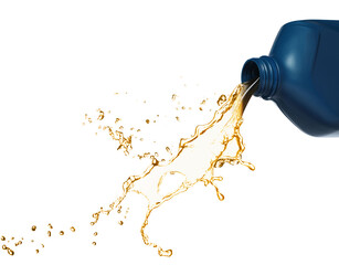 Motor oil splashing out of canister against white background