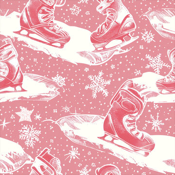 Festive Winter Pattern with Pastel Red Ice Skates and Whimsical Snowflakes on a Soft Icy Background