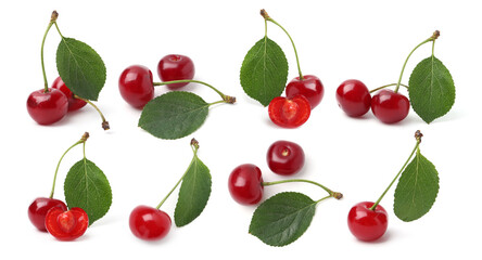 Fresh red cherries isolated on white, set