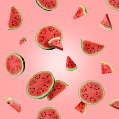 Watermelon slices flying against pink background. Summer fruit