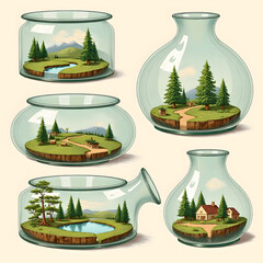 Various glass containers showcasing miniature landscapes with trees and water on a light background