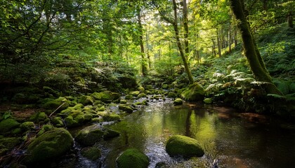 Obraz premium tranquil forest stream surrounded by lush greenery generative ai