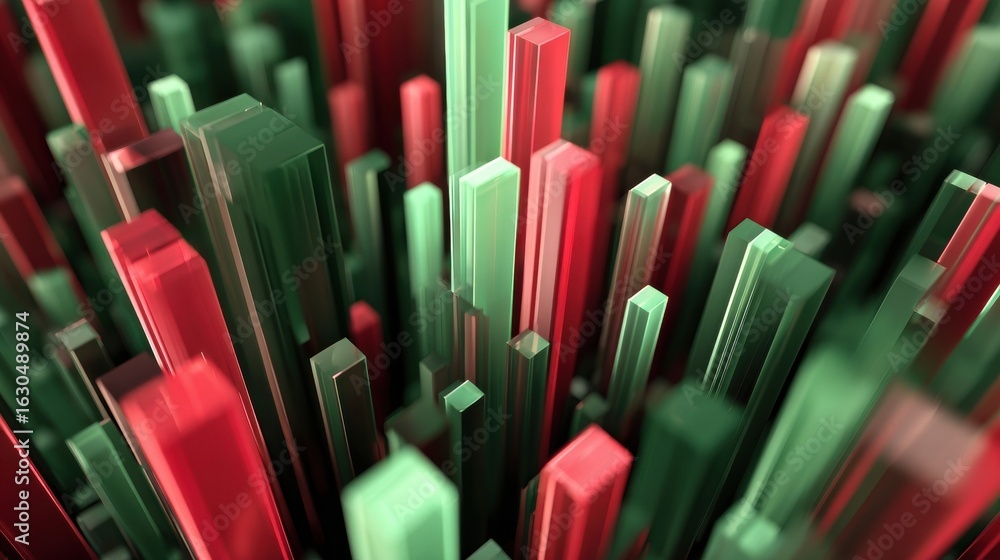 Poster colorful abstract structures in red and green rising from a dark background in a 3d perspective view