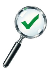 Magnifying Glass with Green Checkmark - A magnifying glass with a green checkmark inside, symbolizing verification, accuracy, and approval