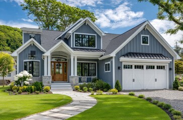 a modern farmhouse-style home with gray walls, a blue roof, and brown trim