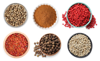 Different types of peppers, set. Spices isolated on white, top view