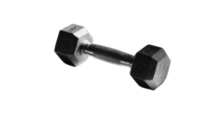 Fitness-themed minimalistic shot of dumbbell with shadows isolated on a Transparent background, PNG file.