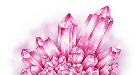 Pink Crystal Cluster Watercolor Illustration - A stunning watercolor painting of a cluster of pink crystals, showcasing their intricate details and sparkling facets against a white background