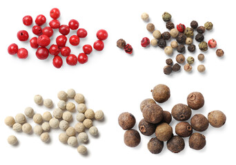 Different types of peppers, set. Spices isolated on white, top view