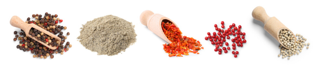 Different types of peppers, set. Spices isolated on white