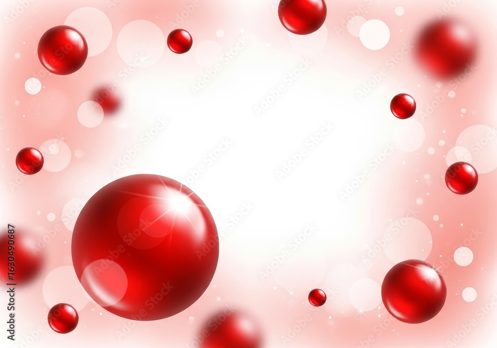 Poster red spheres floating background - abstract of shiny red spheres floating on a soft pink and white bo