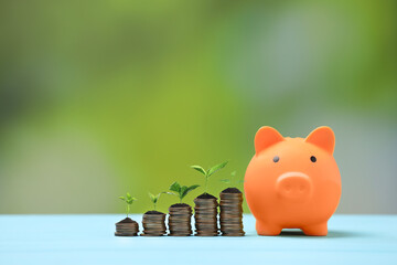 Savings concept. Stacked coins with sprouts on tops and piggy bank on table