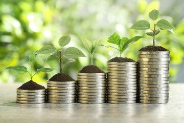 Savings concept. Stacked coins with sprouts on table