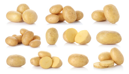 Fresh raw potatoes isolated on white, set