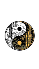 Elegant Yin Yang Symbol with Bamboo and Mountain Landscape in Contrasting Styles