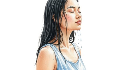 Serene Rain: A Woman's Peaceful Moment - A young woman stands peacefully in the rain, symbolizing serenity, resilience, cleansing, renewal, and inner peace.
