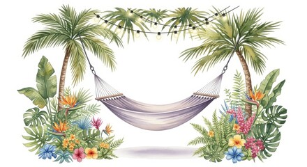 Serene Hammock Oasis - Relaxing hammock scene, tropical paradise, string lights, vibrant flowers, peaceful escape. Symbolizing tranquility, escape, summer, nature, relaxation