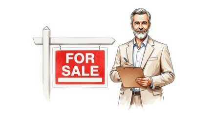 Successful Real Estate Agent and For Sale Sign - A friendly real estate agent stands confidently next to a "For Sale" sign, symbolizing success, professionalism, homeownership, investment, and market