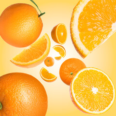 Fresh oranges swirling in air against golden background. Citrus fruit