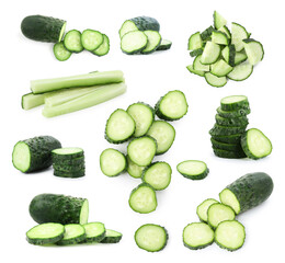Fresh ripe cucumbers isolated on white, set